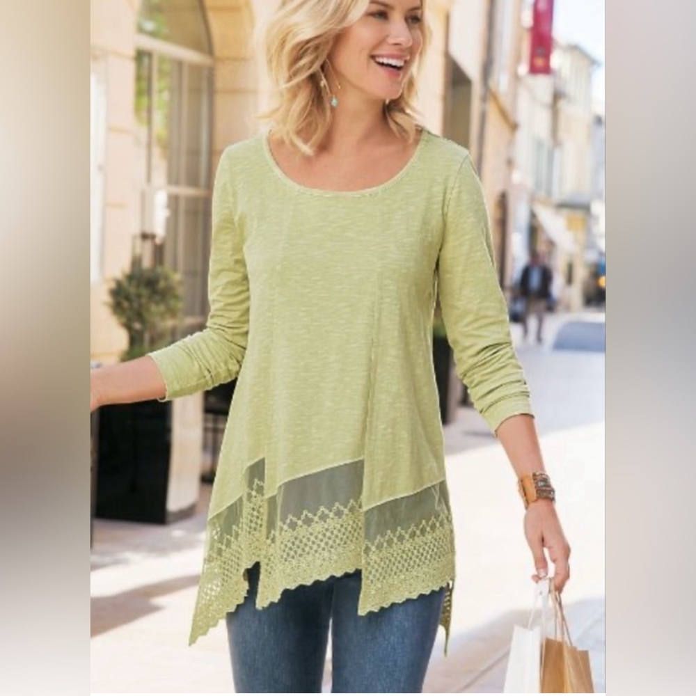 Soft Surroundings Linley Lace Hem Tunic Top Pear Green Size Medium Petite